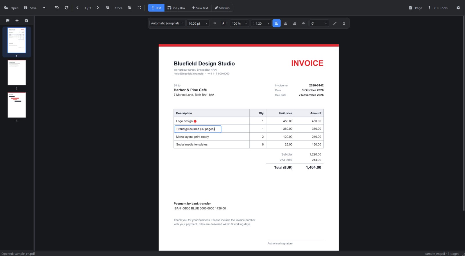 A table row being edited directly on the page