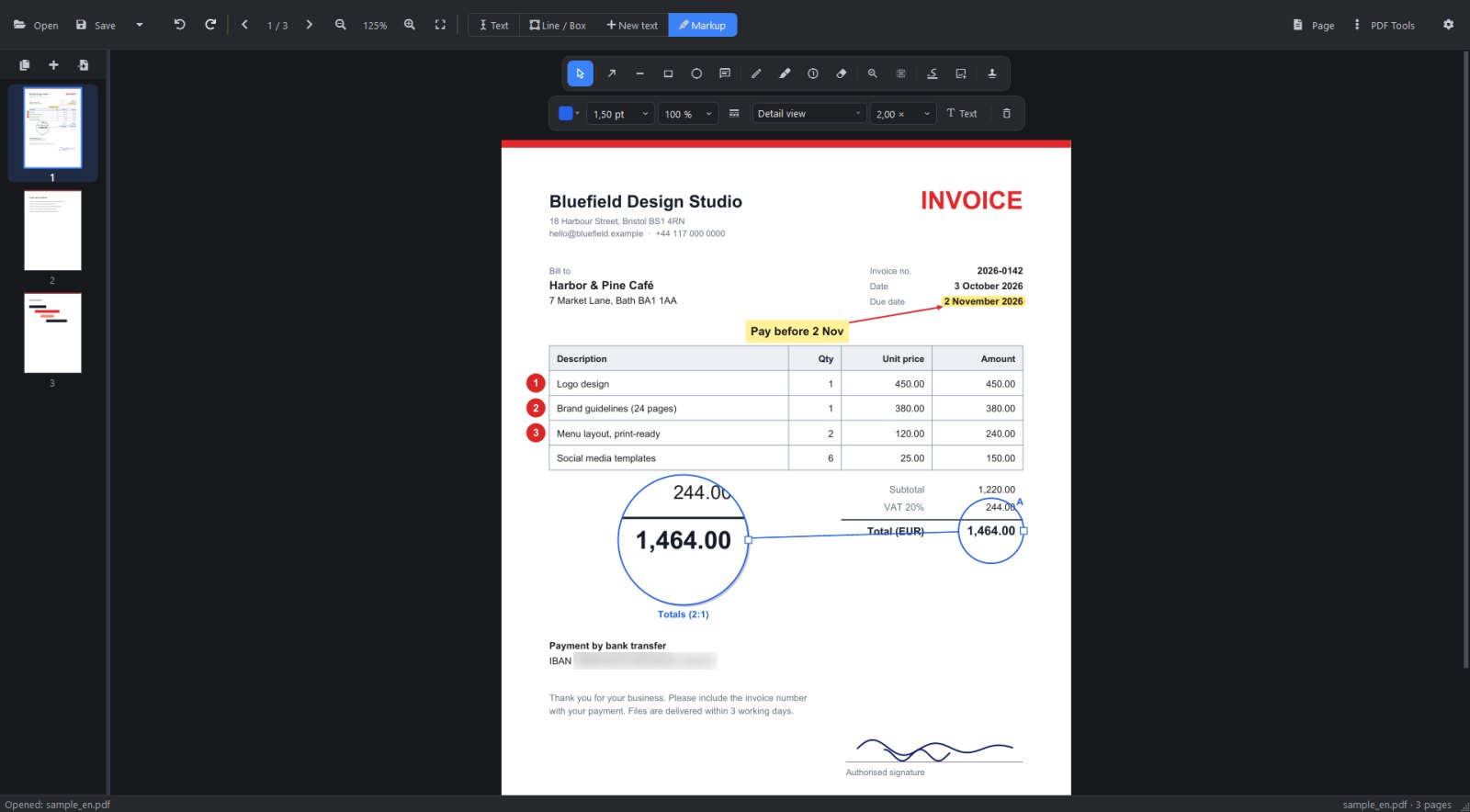 Magnifier showing the invoice total in detail