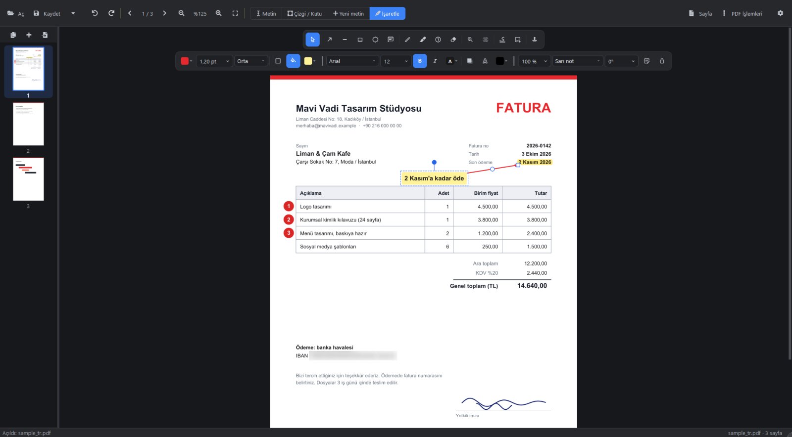 Revora PDF'te açık bir fatura: vurgulanmış tarih, oklu not, numaralı satırlar, bulanıklaştırılmış IBAN ve imza