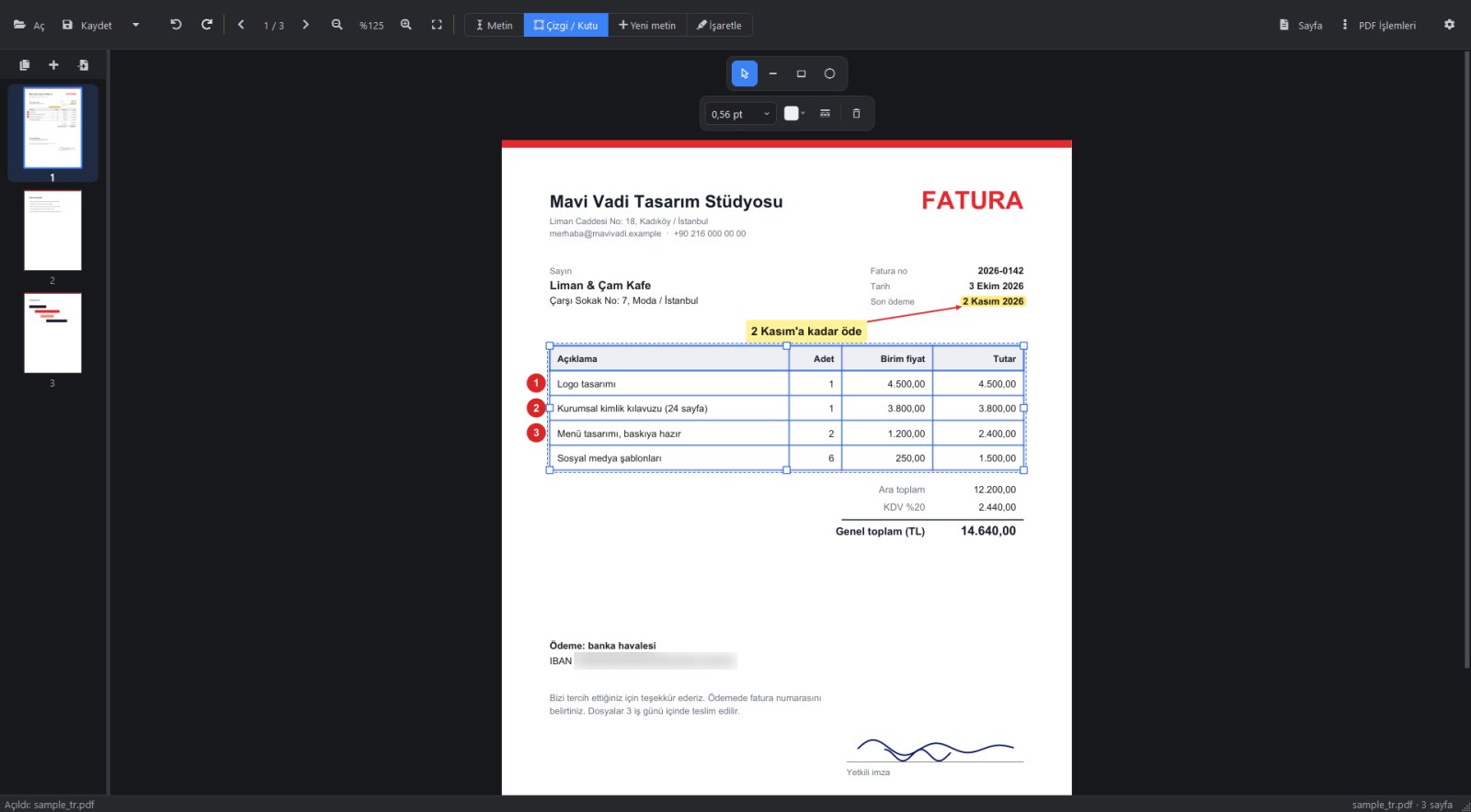 Fatura tablosunun bütün çizgileri seçili